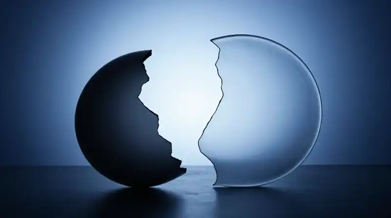 A split glass sculpture shows one smooth, frosted half