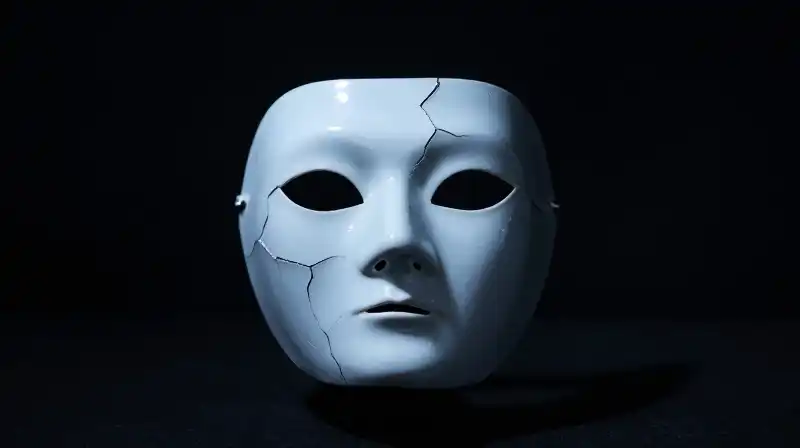 A cracked porcelain mask floats within a dark void