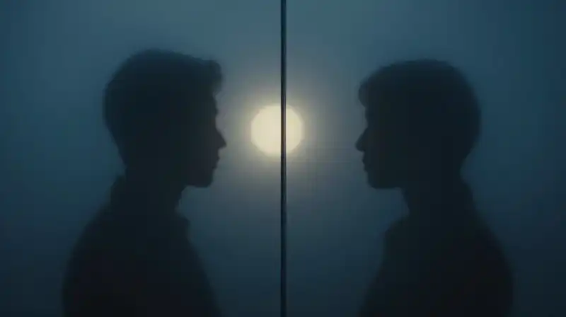 Two silhouettes are separated by a translucent glass wall