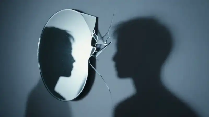 Two abstract silhouettes split between mirrored light and fractured shadows
