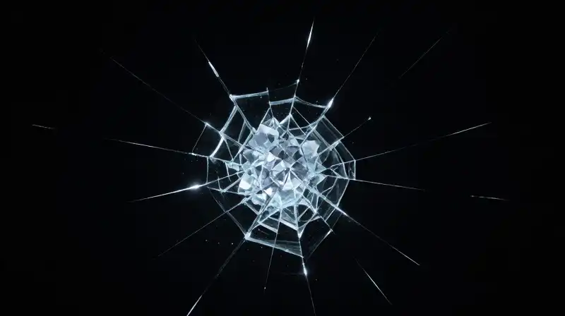 A fractured glass silhouette glows blue against a dark void