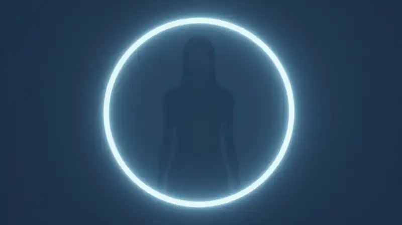 A glowing circle protects a soft, ethereal silhouette