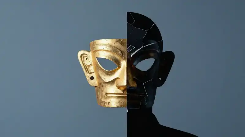 A glowing golden mask contrasts a fractured dark silhouette