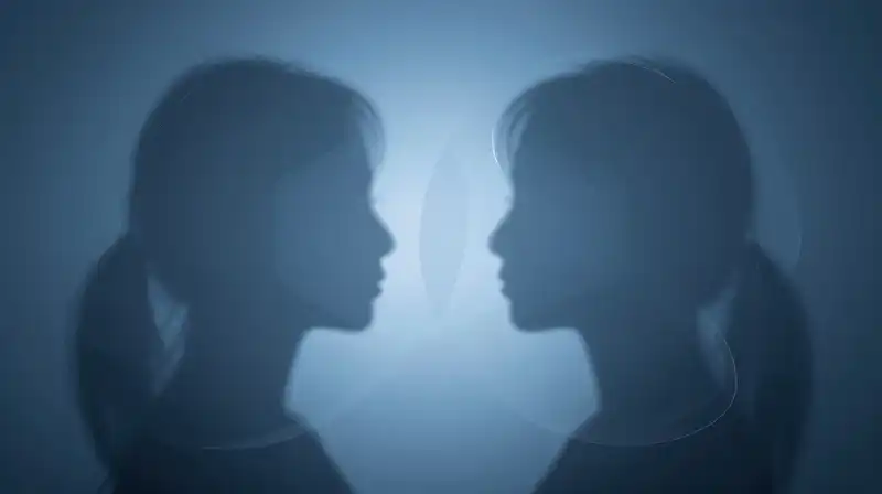 Two translucent silhouettes overlap amidst swirling, ethereal blue geometric shapes