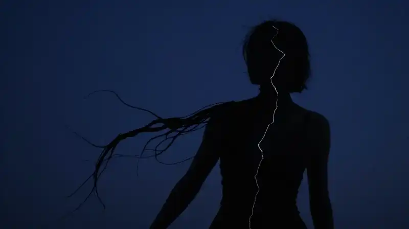 A fragmented silhouette with spreading dark ink tendrils