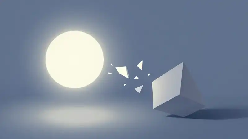 Glowing geometric shapes dissolve into fragments against a blue background