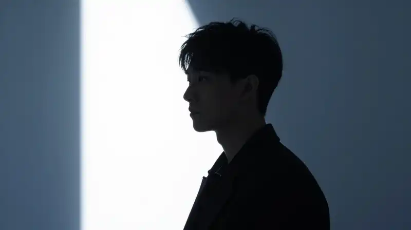 A geometric silhouette splits between bright light and dim shadow