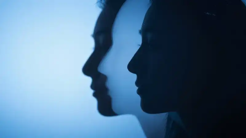 A split silhouette shows one sharp side and one soft