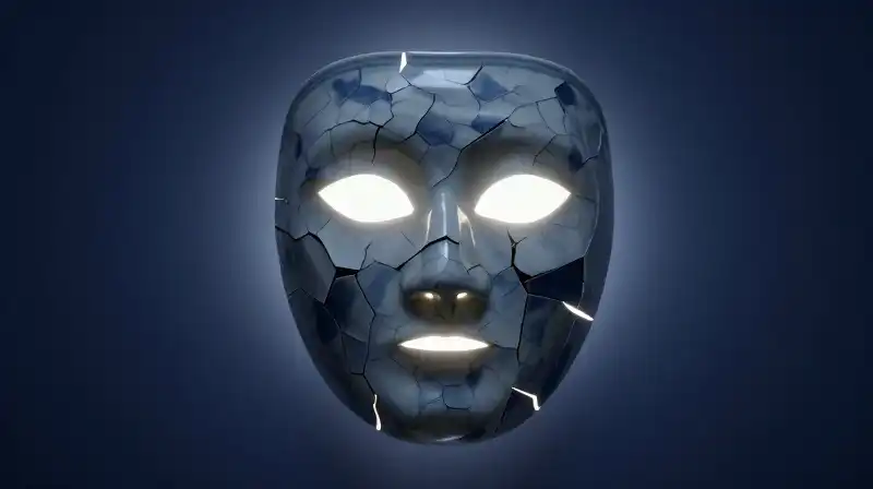 A glowing light shines through a cracked porcelain mask