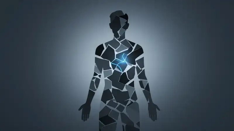 A geometric silhouette weaves through dark, misty shadows