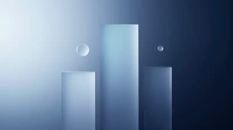 Translucent geometric pillars float within a misty, blue gradient atmosphere
