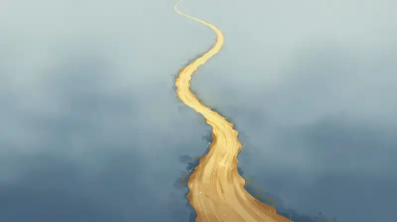 A golden stream splits into two paths through misty blue