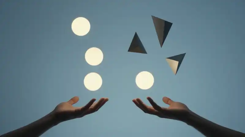 Hands juggle glowing spheres beside floating abstract geometric shapes