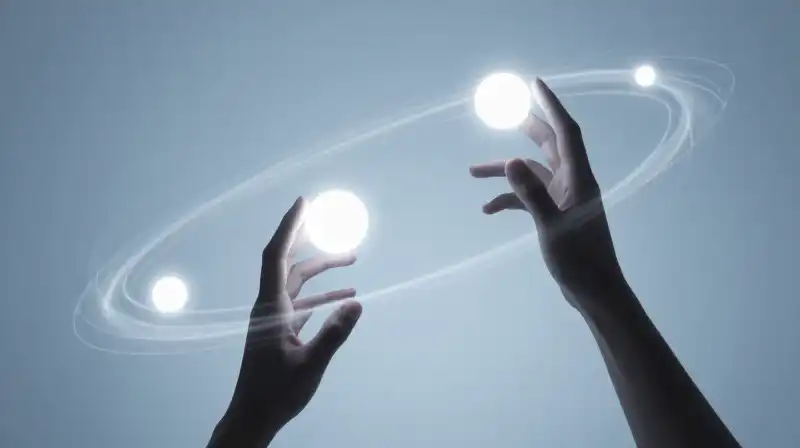 Silhouetted hands dance amidst glowing spheres and swirling light