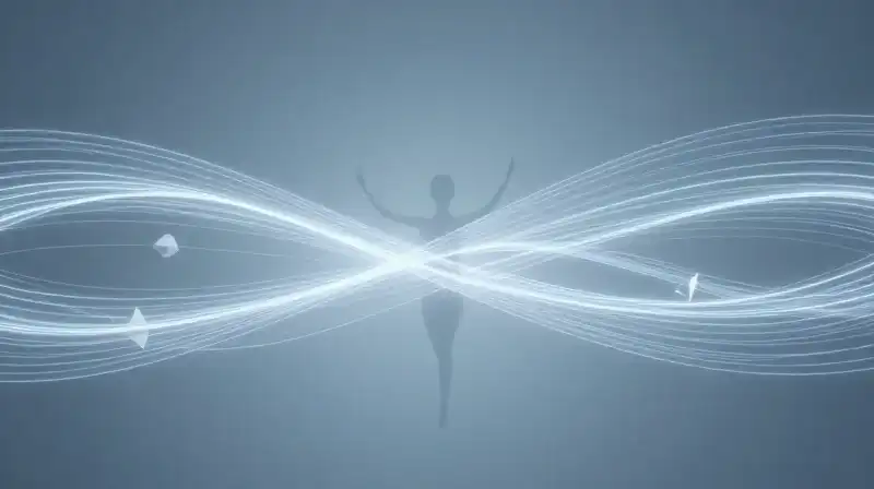 A glowing silhouette gestures amidst floating spheres and light threads