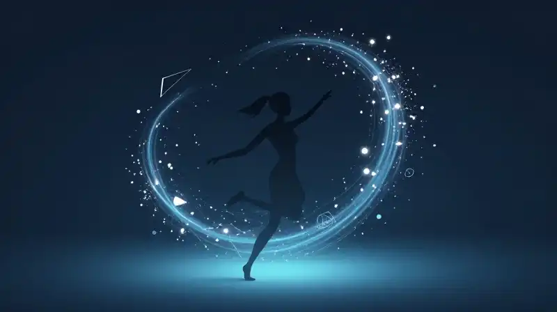 A moving silhouette dances amidst swirling sparks and geometric shapes