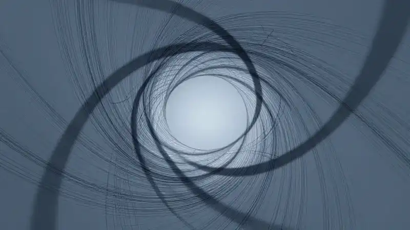 Swirling geometric shapes dance within a muted blue workspace