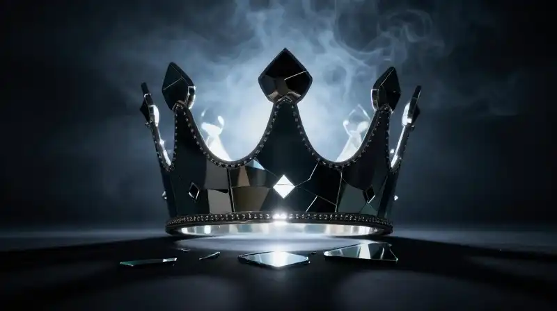A massive crowns shadow looms over fragmented, reflecting mirror shards