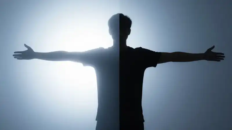 A central figures silhouette splits between brightness and shadow