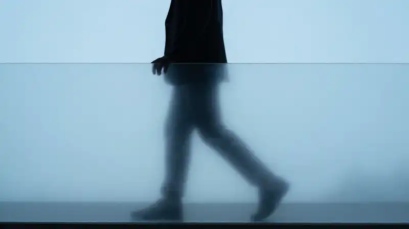 A silhouette steps behind glowing, geometric blue translucent lines