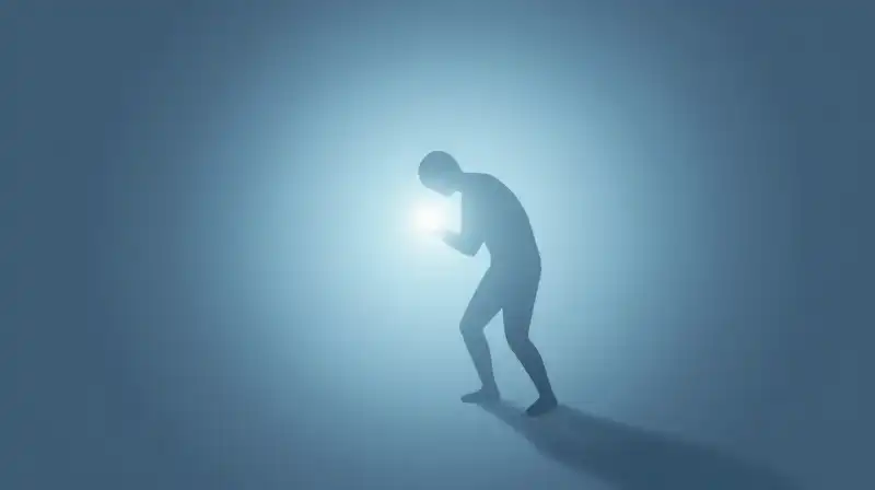 A silhouetted figure shrinks into a soft, blue void