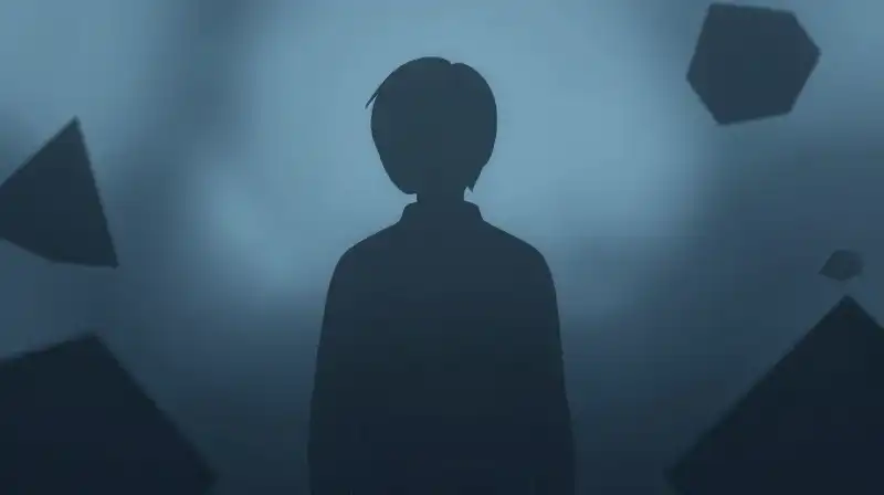 A fragile silhouette retreats into swirling blue mist and shadows