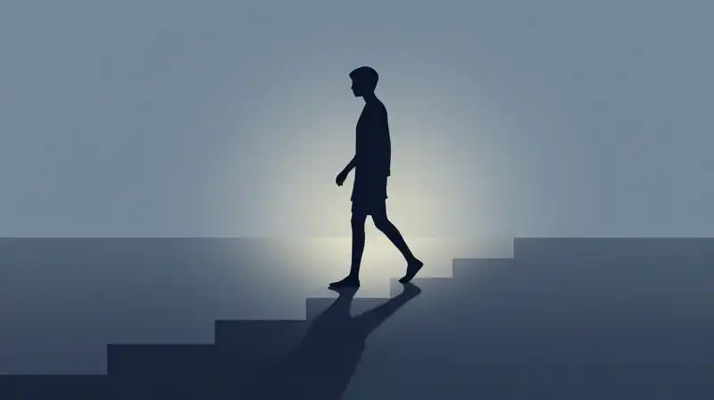 A silhouette steps from shadow onto a geometric path