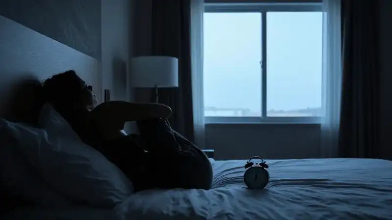 A silhouette rests between a cozy bedroom and a hotel