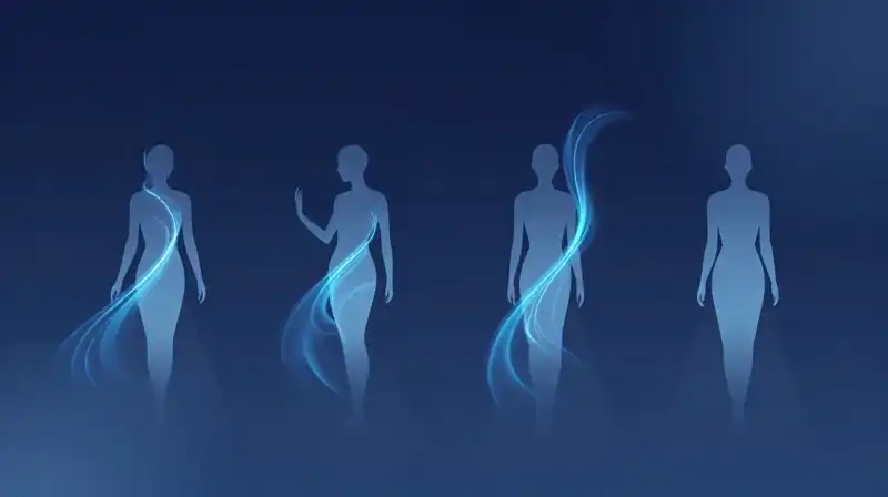 Four ethereal blue silhouettes float amidst flowing light trails