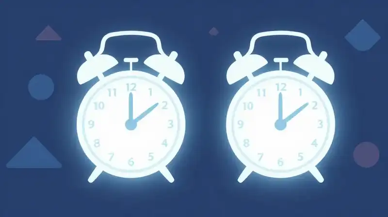 A glowing alarm clock silhouette floats amidst soft blue shapes