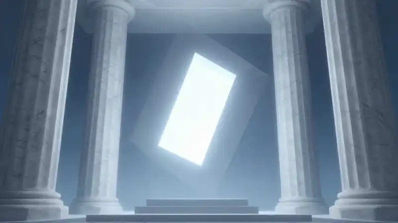 Giant marble pillars support a glowing, central core amidst blue mist