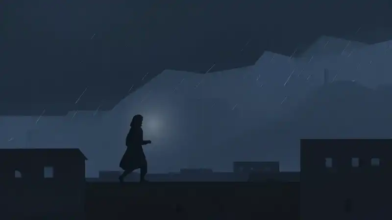 A lone silhouette stands amidst a storm of geometric shapes