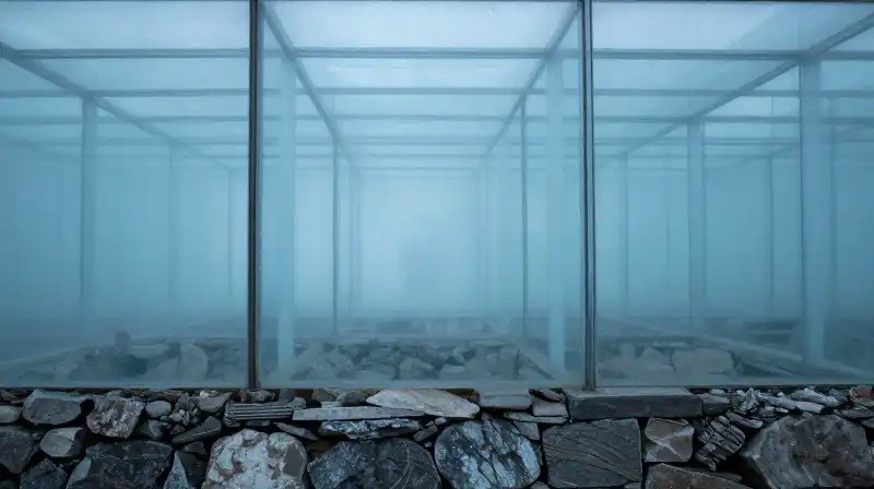 A fragile glass structure rests atop weathered stone foundations