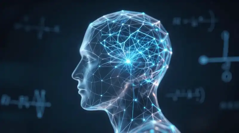 A glowing, geometric head filled with intricate neural networks