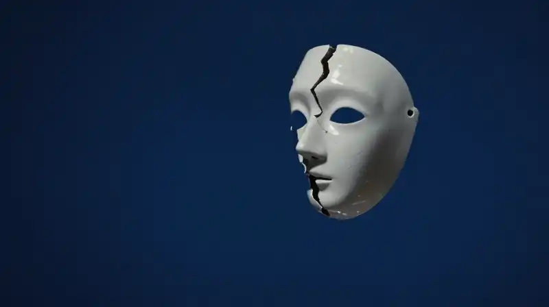 A childs fragmented silhouette floats amidst cracked porcelain masks