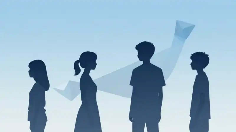 Silhouetted teenagers stand amidst growing prisms and flowing connections
