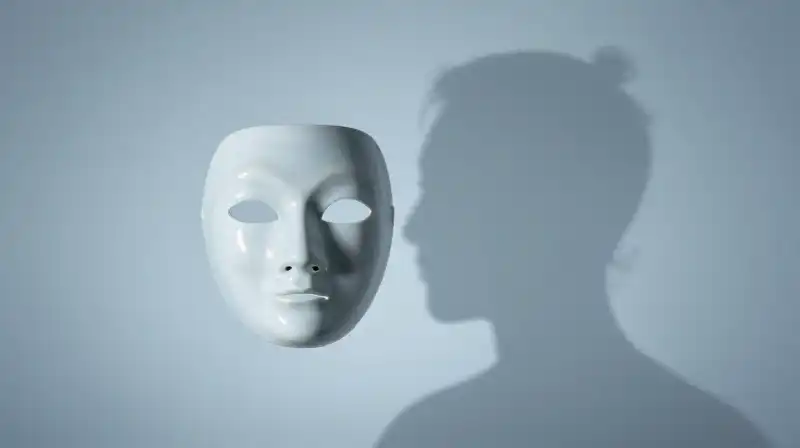 A translucent figure wearing a delicate porcelain mask