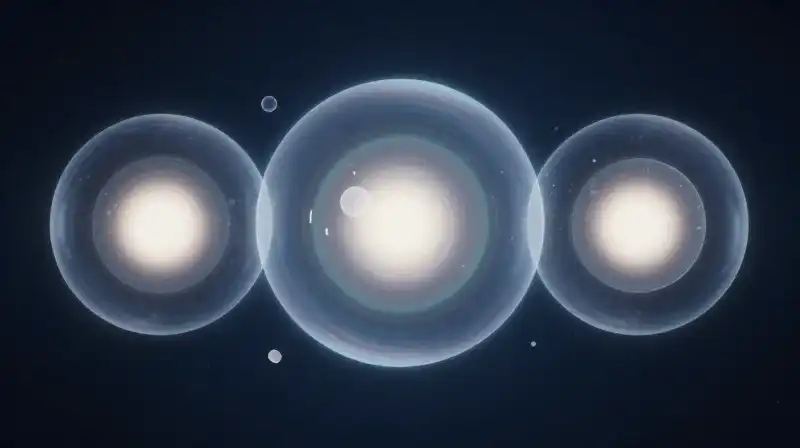 Glowing concentric spheres float amidst fragments in deep blue space