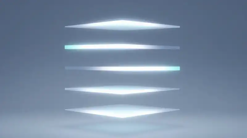 Glowing light bands and translucent prisms float in blue