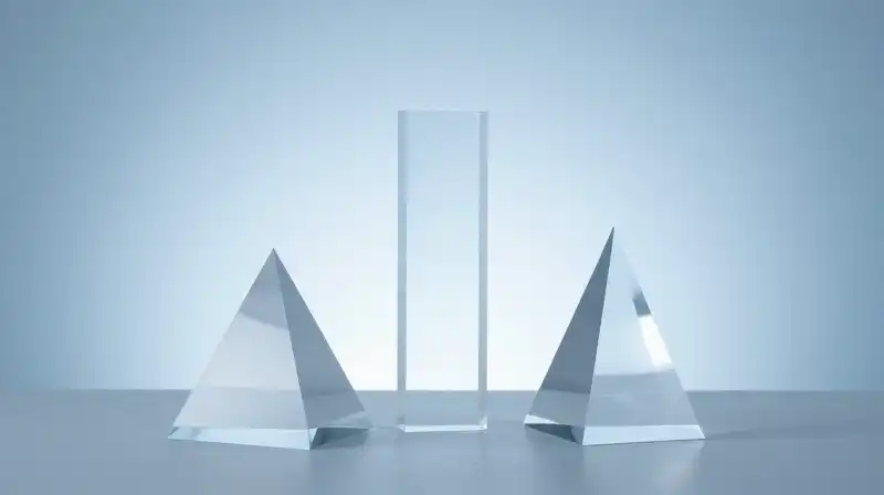 Three layered glass prisms rest against a soft blue background