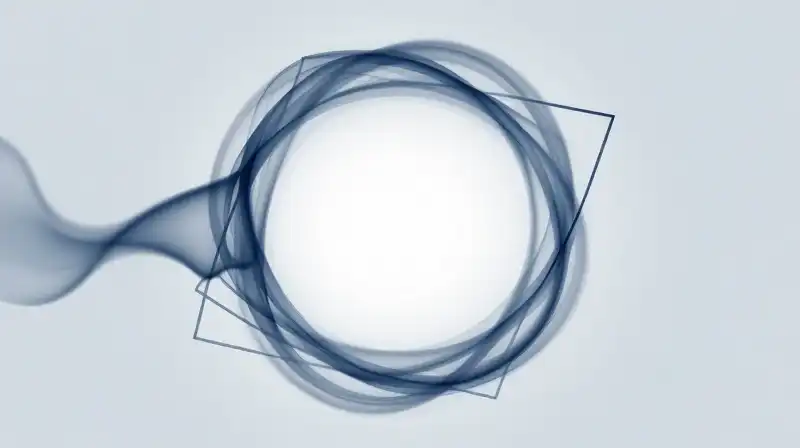 Swirling blue smoke weaves through geometric lines in a void