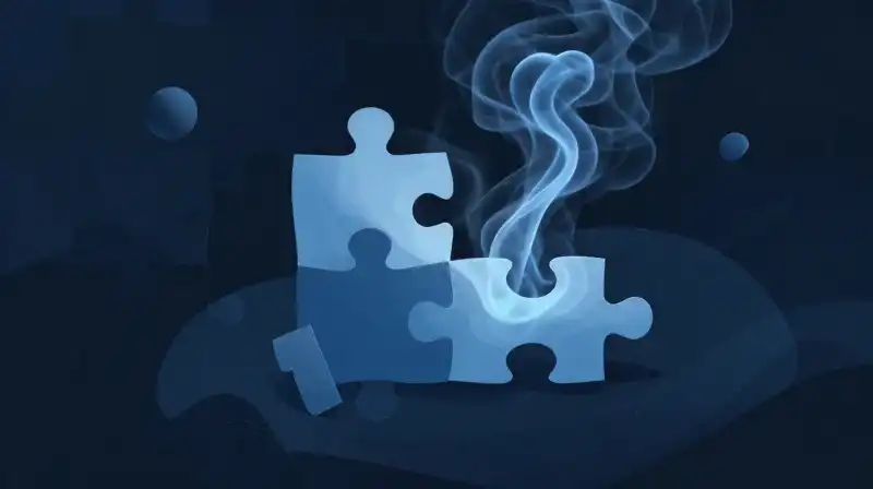 Swirling blue smoke weaves through interconnected, floating puzzle pieces