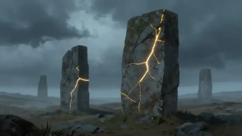Glowing golden monoliths stand amidst a vast, misty storm