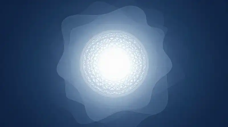 A glowing geometric silhouette floats within a deep blue void