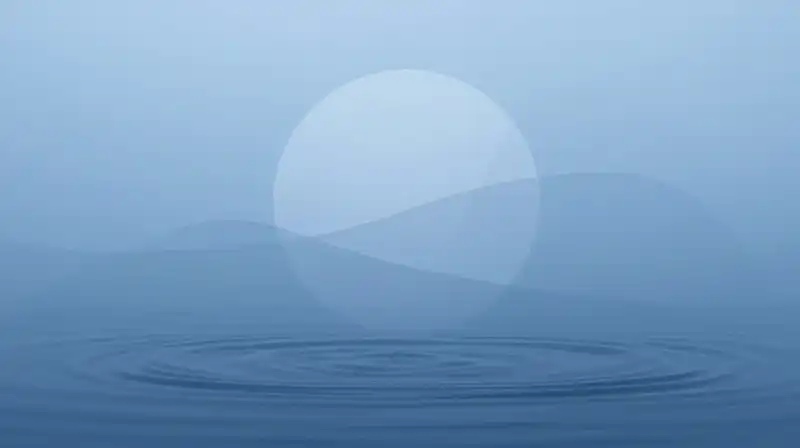 Translucent blue silhouettes float over calm, rippling water
