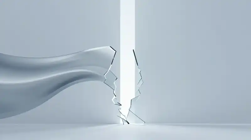 Shattered glass shards dissolve into smooth, flowing blue curves