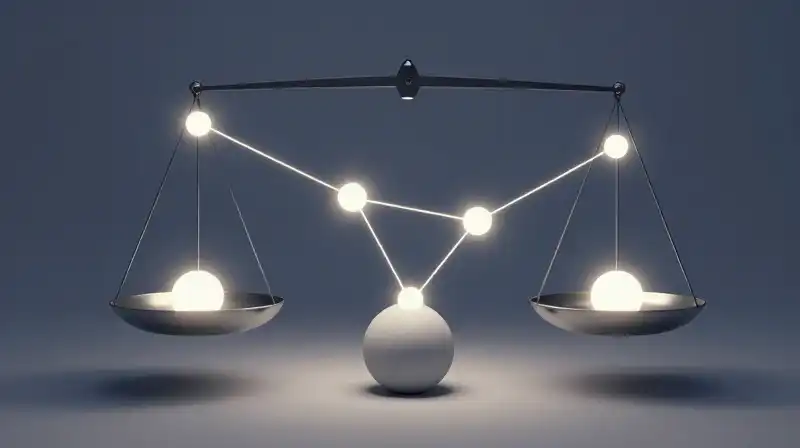 Glowing nodes and geometric spheres balance in a blue atmosphere