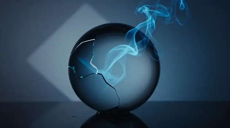 A fractured glass sphere swirls with blue smoke