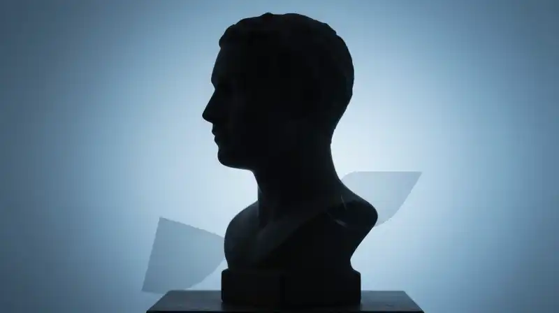 A blue, geometric silhouette of a human bust floats ethereally