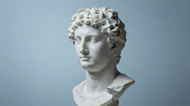 A cracked marble bust emerges through a blue haze